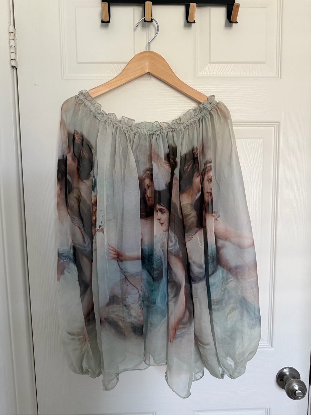 Painterly Renaissance print off-shoulder sheer dress — sage green, size M